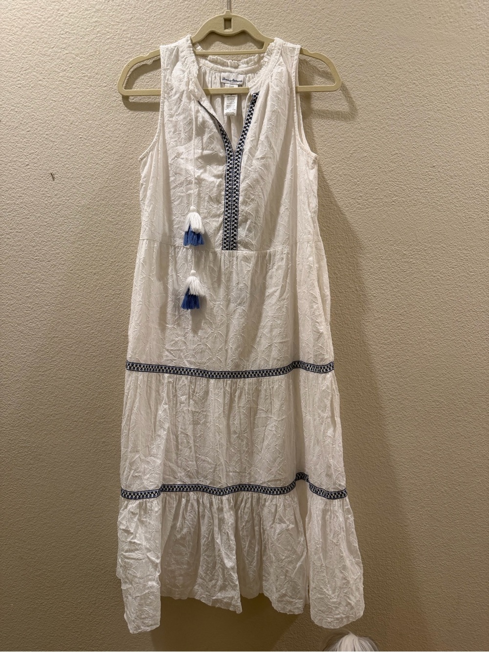 Tommy Bahama White Embroidered Maxi Dress Blue Tassels Size S